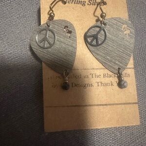 Guitar pick & Peace Sterling Silver Drop Earrings - Gray